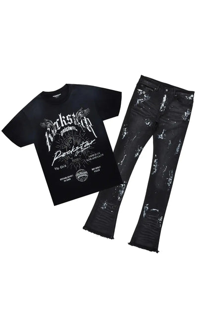 Tally Black T-Shirt/Stacked Flare Jean Set (2-Piece)